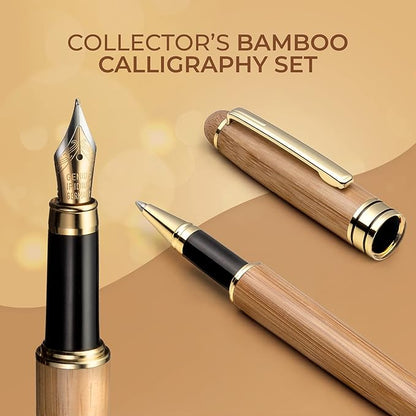 ZenZoi Wood Pen Set - Bamboo Fountain Pen w/Fine Nib & Rollerball Pen. Smooth Writing, Refillable, Vintage, Crafted, Journaling Pen. Luxury Pen Gift Set for Men, Women, Ink Converter.