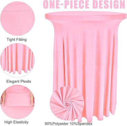 6 Pack Round Cocktail Tablecloth 32"x 43" Spandex Cocktail Table Skirt, Washable Stretch Fitted Table Covers for High Top Bar, Wedding, Party, Events (Pink)