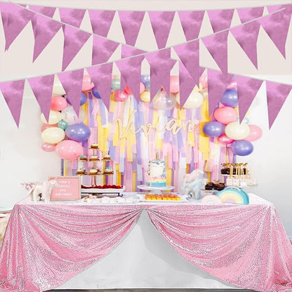 40M/130FT Pink Triangle Pennant Banner Flag Metallic Fabric Bunting Garland for Christmas Graduation Wedding Engagement Anniversary Bachelorette Birthday Bridal Shower Valentines Hen Party Supplies