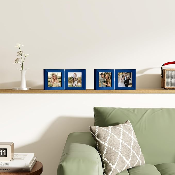 decorUhome Double 4x4 Picture Frame Vertical, Engineered Wood Bifold Photo Frame with Plexiglass for Tabletop Display, 4x4, Royal Blue
