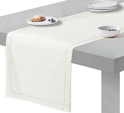 Ruvanti Linen Table Runner 90 Inches, Classic Hemstitch, Washable, Reusable, Non-Slipping, Stain Resistant- Perfect for Parties, Weddings, Dinners, Thanksgiving, Christmas, Indoor use – Ivory