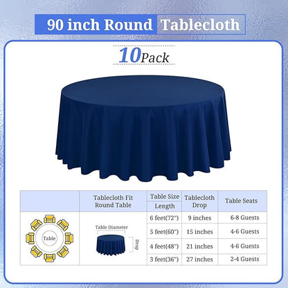 10 Pack Navy Blue 90 Inch Round Polyester Tablecloths - Wrinkle & Stain Resistant, Perfect for Weddings, Parties & Everyday Use