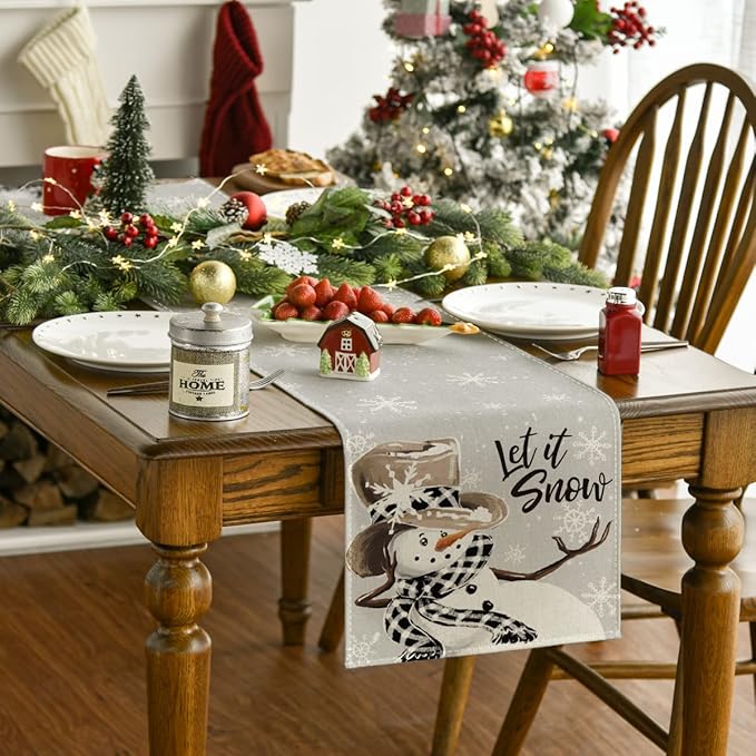 Artoid Mode Grey Snowman Snowflake Let it Snow Christmas Table Runner, Seasonal Winter Kitchen Dining Table Decor for Home Party Indoor 13x36 Inch