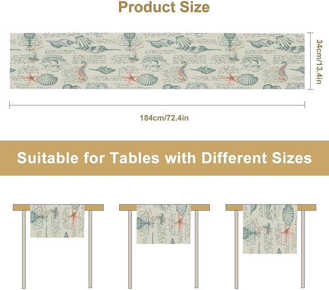 Starfish Table Runner,Seashells Beach Coastal Nautical Sailboat Jellyfish Vintage Hand Drawn Burlap for Hotel Indoors Outdoor Dining Room Kitchen Table Decor, 13x60in