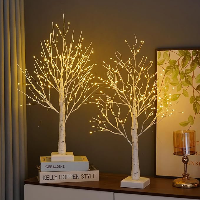 2 Pack 144 LED Artificial Tree Lamp with Timer, DIY Birch Tree with LED Lights, Lighted up Tree Lamp USB/Battery Powered, Fairy Light Spirit Tree for Table Home Bedroom Christmas (Warm White)