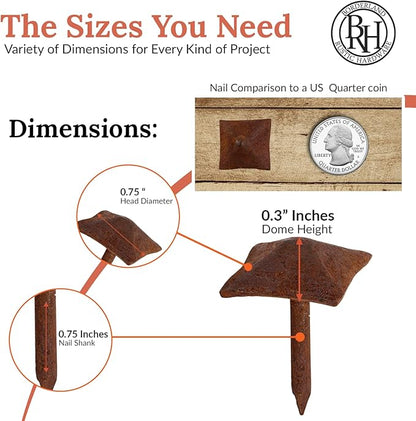 100 Pack 0.75" Square Head Iron Clavos Decorative Nails – Rusted – Handmade Rustic Square Fasteners for Farmhouse Shutters, Faux Wood, Barn Doors, Shutters, and Gates – Ornamental Wood Accent