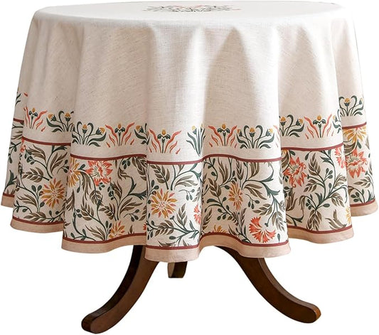 ISAENNE Floral Tablecloth for Round Tables,Linen Table Cloth with Double-Edged Lily Pattern,Heavy Durable Table Cover for Dining Thanksgiving Kitchen Decor Party Christmas,Diameter 67"