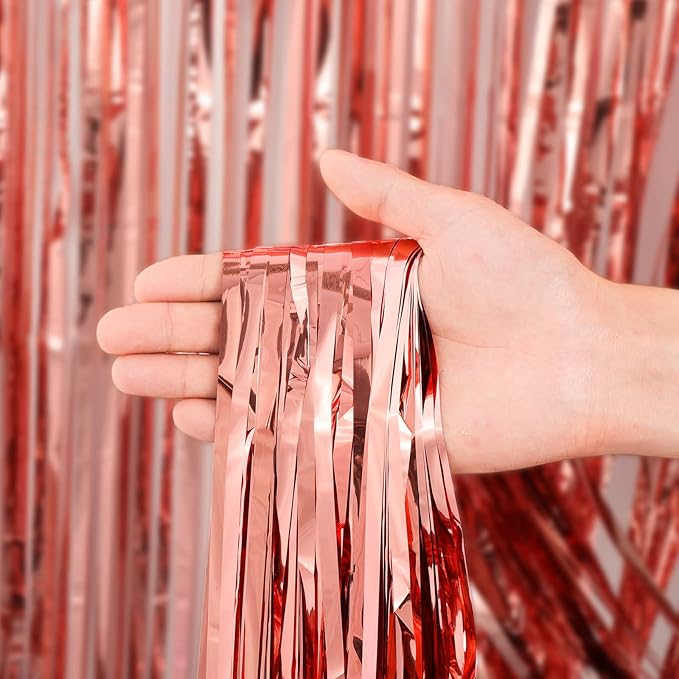 4 Pack Rose Gold Foil Fringe Backdrop Curtains, Tinsel Streamers Birthday Party Decorations, Fringe Backdrop for Graduation, Baby Shower, Gender Reveal, Disco Party