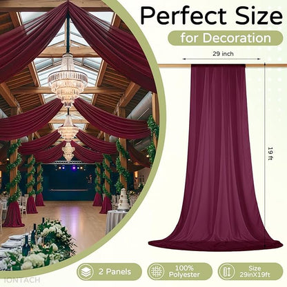 Wedding Arch Draping Fabric 29" x 19Ft Sheer Drapes for Backdrop Wedding Ceremony Reception Ceiling Decor Curtain Baby Bridal Shower Decoration (Burgundy, 2 Panels)