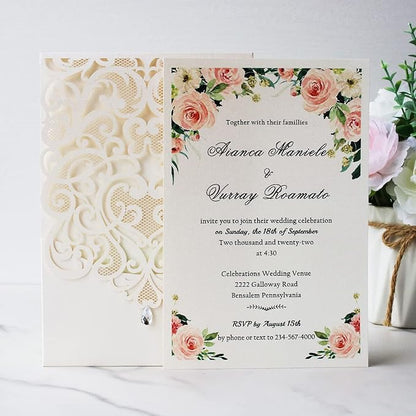 Hosmsua 50PCS Personalized Wedding Invitations Kit 5.12 x 7.3 Laser Cut Hollow Rose Rhinestone Pocket with Envelope for Wedding Quinceanera Invite (White Ivory)