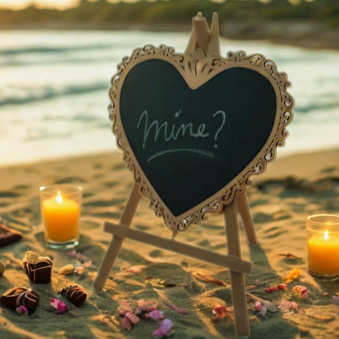 Chalkboard Signs Easel - Heart Shape with Wood Framed Swirly Design, Includes 1 Chalk Stick, Size: 10" x 7" Wooden Blackboard, Perfect for Weddings and Home Decoration