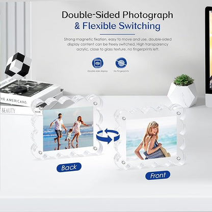 2Pack Magnetic Acrylic Picture Frames 2×3 Inch - Scalloped Glass Frame with 10+10mm Thick Block, Double Sided Clear Frames for Desktop Display | Trendy Home Gift (2 Pack, 2×3)
