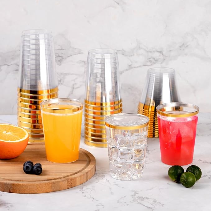 Goodluck 100PCS 14oz Gold Plastic Cups for Party, Disposable Gold Rim Cups, Plastic Cocktail Glasses for Wedding Thanksgiving, Christmas, and Parties