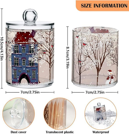 Christmas Winter Qtip Holder Dispenser 4 Pack Snowmen Snow Courtyard with Trees Apothecary Jars with Lids Bathroom Vanity Countertop Canister Storage Organizer for Cotton Ball,Swabs,Pads,Floss