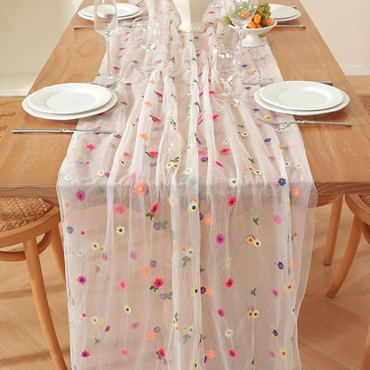 White Embroidery Daisy Fall Table Runner 120Inch 10FT Florals Soft Sheer Tulle Fabric Table Runner for Home Decor, Brithday, Wedding, Baby Shower ,Holiday ,Parties, DIY Craft,3PC
