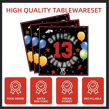 123pcs 13th Red and Black Party Decorations,Happy Birthday Banner Flags Paper,cups Straws Forks Cake Toppers Dessert plates Tablecloths and dinner plates,Officially a Teenager 13th Birthday Supplies