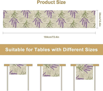 Floral Lavender Table Runner,Vintage Rustic Country Romantic Purple Flower Pattern Print Burlap for Hotel Indoors Outdoor Dining Room Kitchen Home Decor, 13x108in