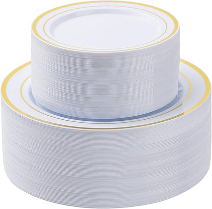 100PCS White Plastic Plates Set with Gold Rim, 50 10.25 inch Heavy Duty Dinner Plate and 50 7.5 inch Dessert Appetizer Plates, Premium Disposable Plates for Party, Wedding, Birthday
