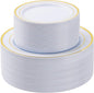100PCS White Plastic Plates Set with Gold Rim, 50 10.25 inch Heavy Duty Dinner Plate and 50 7.5 inch Dessert Appetizer Plates, Premium Disposable Plates for Party, Wedding, Birthday