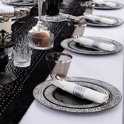 NOCCUR 210PCS Black and Silver Dinnerware Set for 30 Guests - Black Plastic Plates with Silver Rim Include 30 Dinner / 30 Dessert Plates, 30 Prewrapped Silverware, 30 Cups Ideal for Party, Halloween