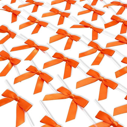 Bright Creations 100 Pack Orange Twist Tie Bows for Treat Bags - 3" Small Satin Ribbons Orange Twist Ties for Craft Decoration, Gift Wrap, Themed Party Favors, Baked Goods