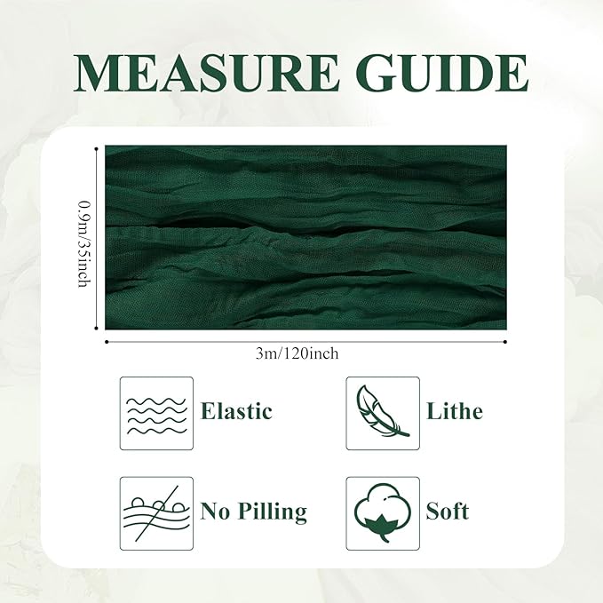 Asee'm 12PCS Table Runner Cheesecloth 10FT Emerald Green Boho Gauze Fabric Rustic Sheer Cheese Cloth Runners for Wedding Bridal Shower Party
