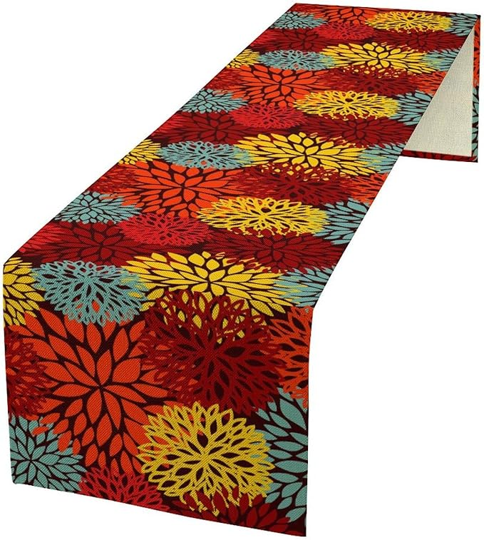 Red Yellow Dahlia Table Runner, Seasonal Autumn Thanksgiving Pattern Print for Home Kitchen Table Decor Dining Coffee Room Party Decor 13x90 Inch