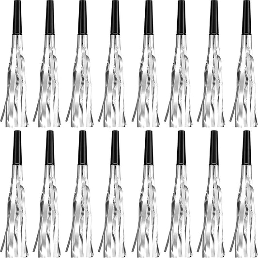 Skylety 24 Pcs Noise Makers Party Favors Silver Blowers Glitter Noise Makers for Sporting Events Fun Party Horns Metallic Fringed Blowers for Birthday Supplies
