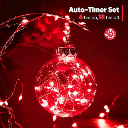 2 Pack 65.6 Ft. Battery Operated Outdoor String Lights with Remote & Timer, LED Red Fairy Lights, Waterproof Twinkle Lights for Bedroom, Dorm, Mason Jar, Wedding, Party, Christmas