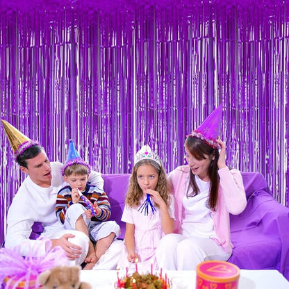 BTSD-home Purple Foil Fringe Curtain, Metallic Photo Booth Backdrop Tinsel Door Curtains for Wedding Birthday Bridal Shower Baby Shower Bachelorette Christmas Party Decorations(4 Pack, 8ft x 3ft)