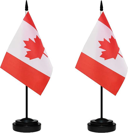 Canada Canadian Deluxe Desk Flag Set Small Mini Miniature CA Canadian Table Desktop Flags With Solid Pole, Black Base and Spear Top(2 Pack)