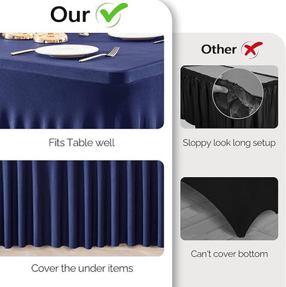 Wish Care 2 Pack Navy Blue Spandex Table Clothes for 8 Foot Rectangle Tables, 8FT Wrinkle Free Fitted Tablecloths Ruffles Design Table Cover for Party, Banquet, Wedding and Events