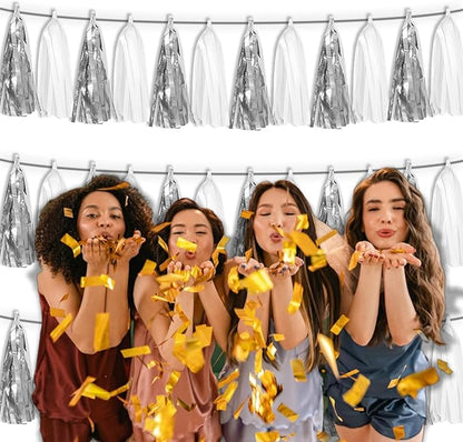 3P White Silver Metallic Fringe Tassel Banner Garland Foil Tinsel Streamer Wall Hanging Curtain Backdrop Banner for Parade Floats, Graduation Bridal/Baby Shower Retirement Party Decorations