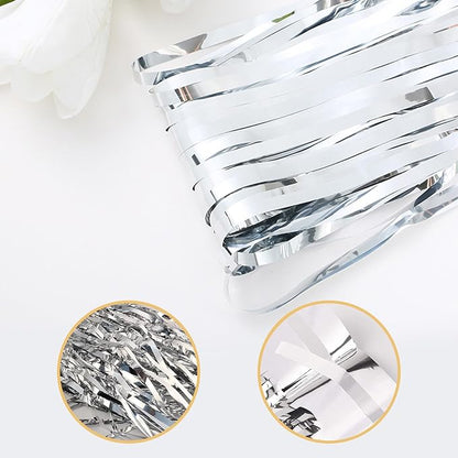 5 Pack Silver Foil Curtain Backdrop 3.2ft x 9.8ft Metallic Tinsel Foil Fringe Curtains Streamer Photo Booth Backdrop for Birthday Party Engagement Bachelorette Party Decorations (Silver)