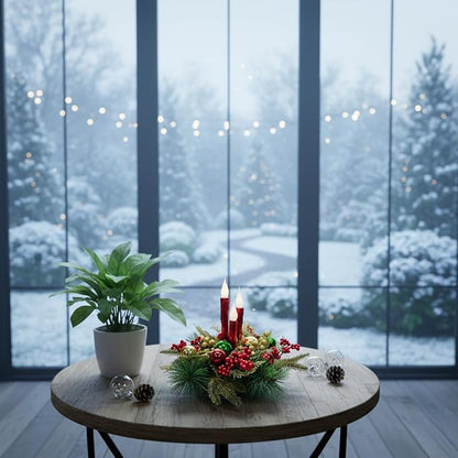 Christmas Floral Arrangement Centerpiece with 3 Flameless LED Candles, Battery Operated Lighted Holiday Table Decoration with Pine, Berries & Ornaments Holiday Winter Decorations