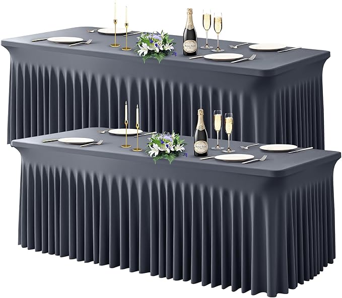 Wish Care 2 Pack Gray Spandex Table Clothes for 6 Foot Rectangle Tables, 6FT Wrinkle Free Fitted Tablecloths Ruffles Design Table Cover for Party, Banquet, Wedding and Events