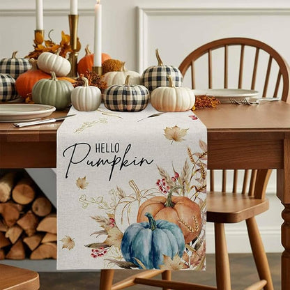 Fall Thanksgiving Cotton Linen Table Runner for Dining Kitchen, Orange Pumpkins Outdoor Party Autumn Tablerunners Decoration Rustic Wheat Leaves Dresser Scarf Coffee Tablecloth Runners 13x108 Inches