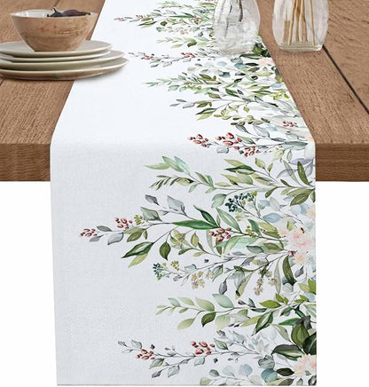 Botanical Eucalyptus Cotton Linen Table Runner for Dining Kitchen, Wedding Outdoor Party Tablerunners Decoration, Sage Green Leaves Elegant Floral Dresser Scarf Coffee Tablecloth Runners 13x120 Inches