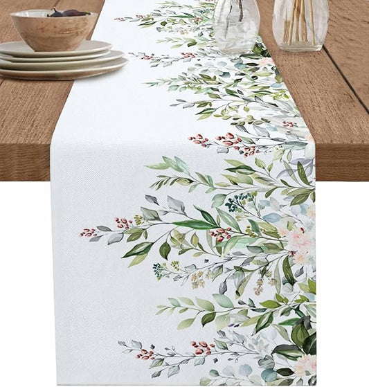 Botanical Eucalyptus Cotton Linen Table Runner for Dining Kitchen, Wedding Outdoor Party Tablerunners Decoration, Sage Green Leaves Elegant Floral Dresser Scarf Coffee Tablecloth Runners 13x120 Inches