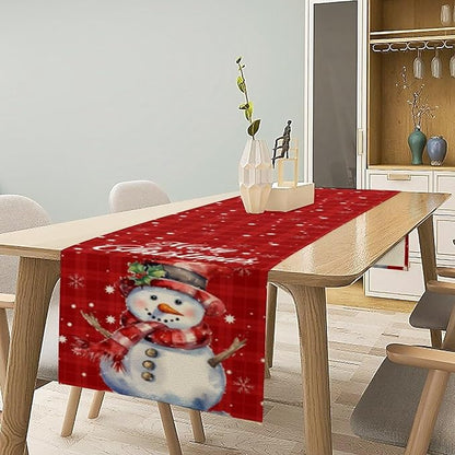 Christmas Table Runner,Christmas Snowman Snowflakes Winter Seasonal Table Cloth Kitchen Dining Table Decoration for Home Party Decor 13x90 Inch