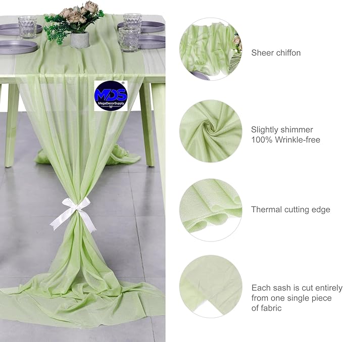 MDS Halloween Chiffon Table Runner - 15 Pack, 29 x 170 Inches, 14ft Each - Sheer Spooky Table Runners for Haunted House Parties, Trick-or-Treat Tables, Witchy Décor, Wedding & Events - Sage Green