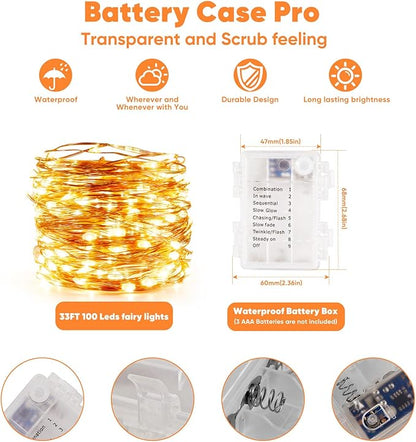 2 Pack 32.8 Ft. Battery Operated Outdoor String Lights with Remote & Timer, LED Warm White Fairy Lights, Waterproof Twinkle Lights for Bedroom, Dorm, Mason Jar, Wedding, Party, Christmas