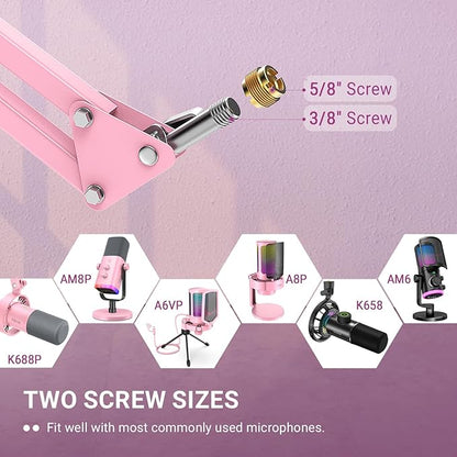 FIFINE Boom Arm Mic Stand, Microphone Arm with Desk Mount for Podcast Streaming Gaming Home Studio, Metal Suspension Scissor Boom Mic Stand-CS1 Pink