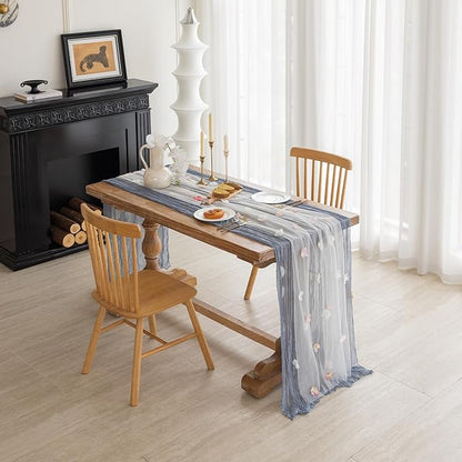 Romantic Artificial Floral Table Runner 10ft Gauze Tulle Lace Table Runner Set for Wedding Baby Shower Bridal Shower Holiday Kitchen Dining Table Decoration for Home Party Special Occasion