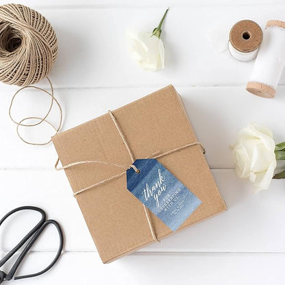 Andaz Press 100-Pack Personalized Thank You for Celebrating with Us Wedding Favor Tags with Bakers Twine Navy Blue Ombre Watercolor Custom Cardstock Wedding Gift Tags for Party Favors 2 x 3.75-Inches