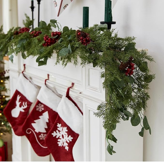 6.3FT Christmas 108 Branch Tips Artificial Cedar Garland, Anna's Whimsy Artificial Pine Cypress Greenery Garland, Christmas Decorations Indoor Outdoor Decor Winter Garlands