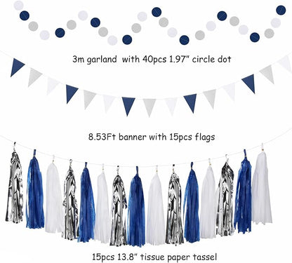 Navy-Blue White-Silver Graduation Party-Decorations - 33pcs Kits Banner, Streamers Tassel Garland,Tissue Pom Poms Honeycomb, Paper Lantern Fans,Wedding Birthday Baby Shower Backdrop Decor Hugtmr