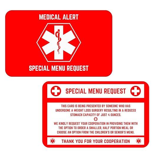 Bariatric Card for Restaurants, Special Menu Request Card, Portion Control Restaurant Request for Bariatric or Gastric Sleeve Patients, Wallet Sized, Set of 2 Cards (2, Red, 3.375in x 2.125in)