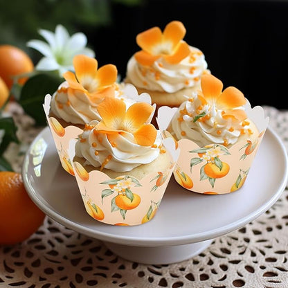 Whaline 36Pcs Little Cutie Cupcake Wrappers Watercolor Orange Cupcake Liners Decorative Cupcake Holders for Birthday Baby Shower Party Cake Decoration