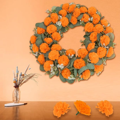 50 Pcs Artificial Marigold Flowers,2" Silk Marigold Flower Heads with Stems,Orange Flowers Artificial for Diwali Decor,Indian Wedding,Home,DIY Wreath Garland,Day of The Dead Decorations